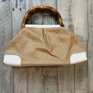 LOFT Tan and White Hobo Bag with Bamboo Handle white faux leather accents